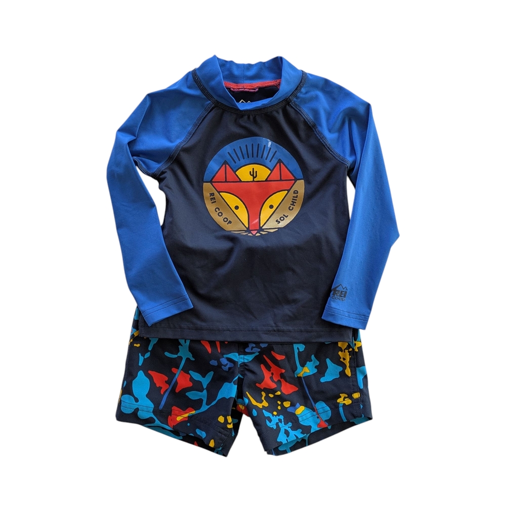 REI Blue and Black Rashguard Swim Set with Sun Protection